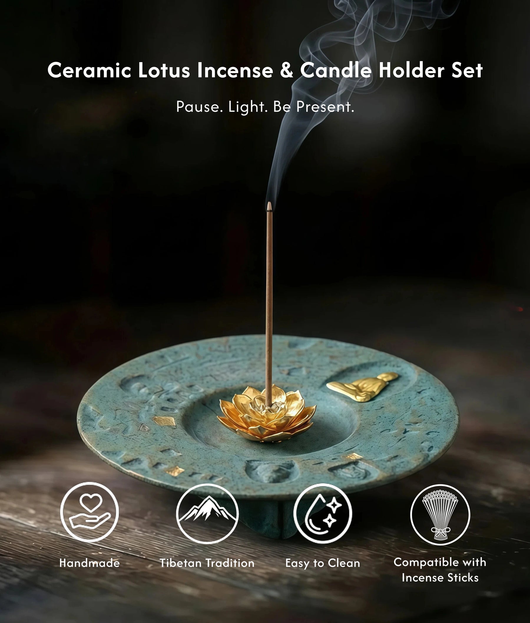 Purification & Harmony Burner Set (Includes Incense Sticks) - Ceramic Lotus Incense & Candle Holder Set (Incense Sticks Included) description 1