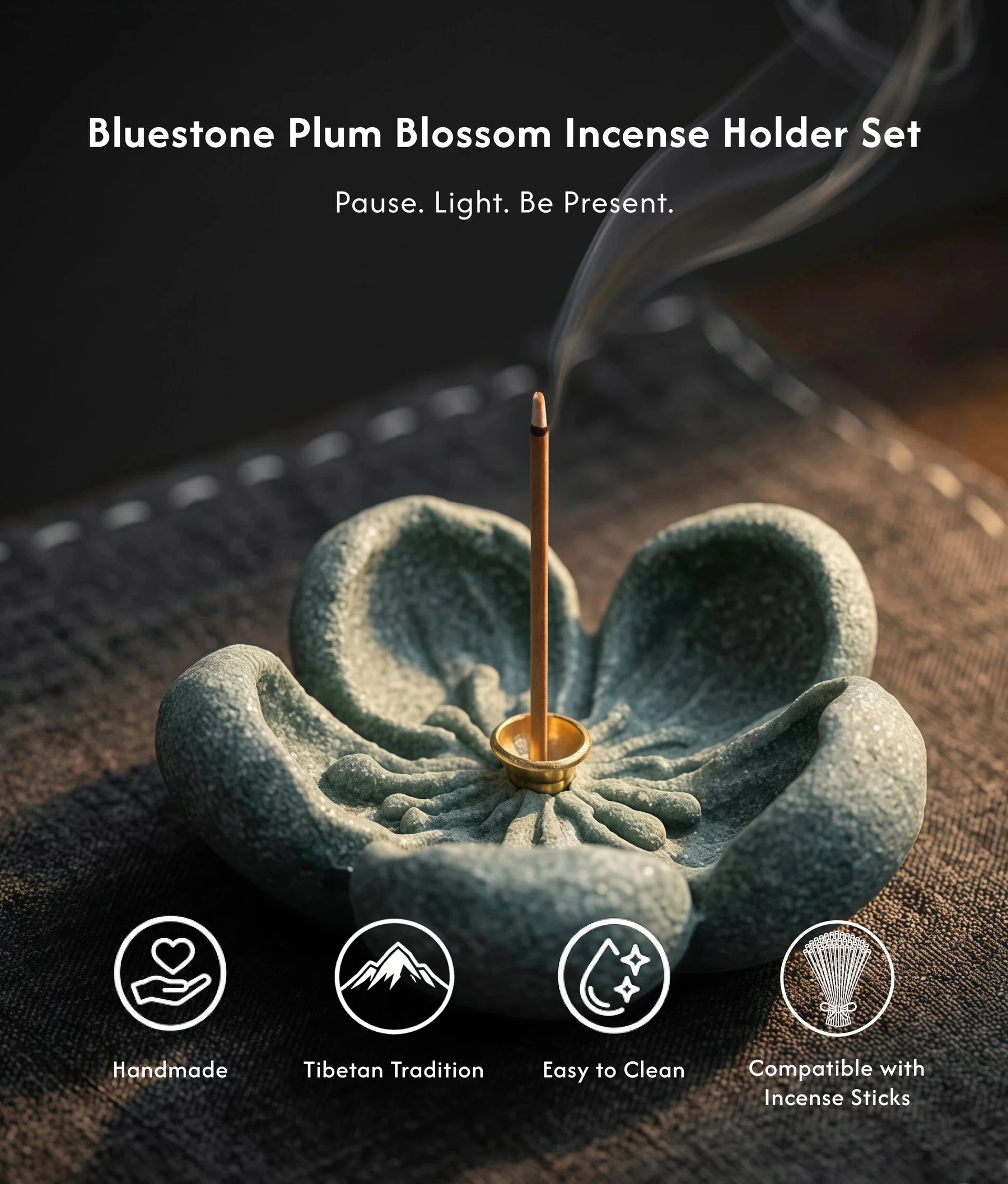 Resilience & Serenity - Bluestone Plum Blossom Incense Holder Set (Includes Incense Sticks) description 1
