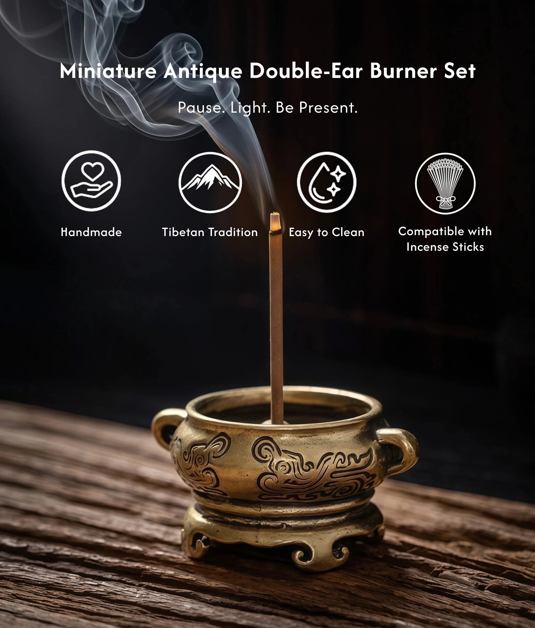 Balance & Grounding - Miniature Antique Double-Ear Burner Set (Includes Incense Sticks) description 1