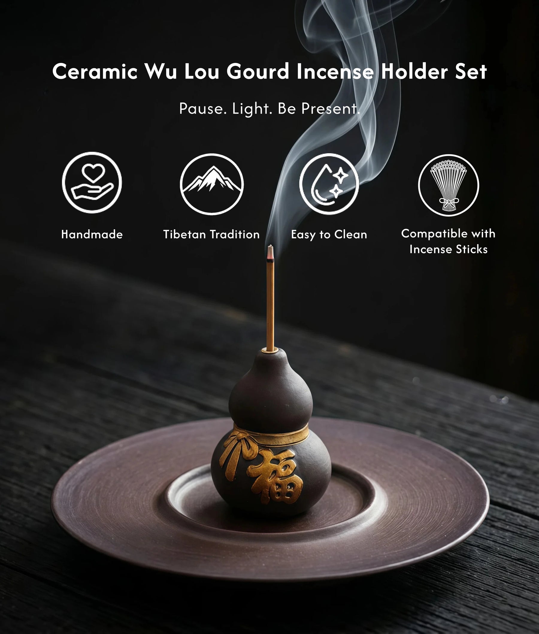 Prosperity & Blessings - Ceramic Wu Lou Gourd Incense Holder Set (Includes Incense Sticks) description 1