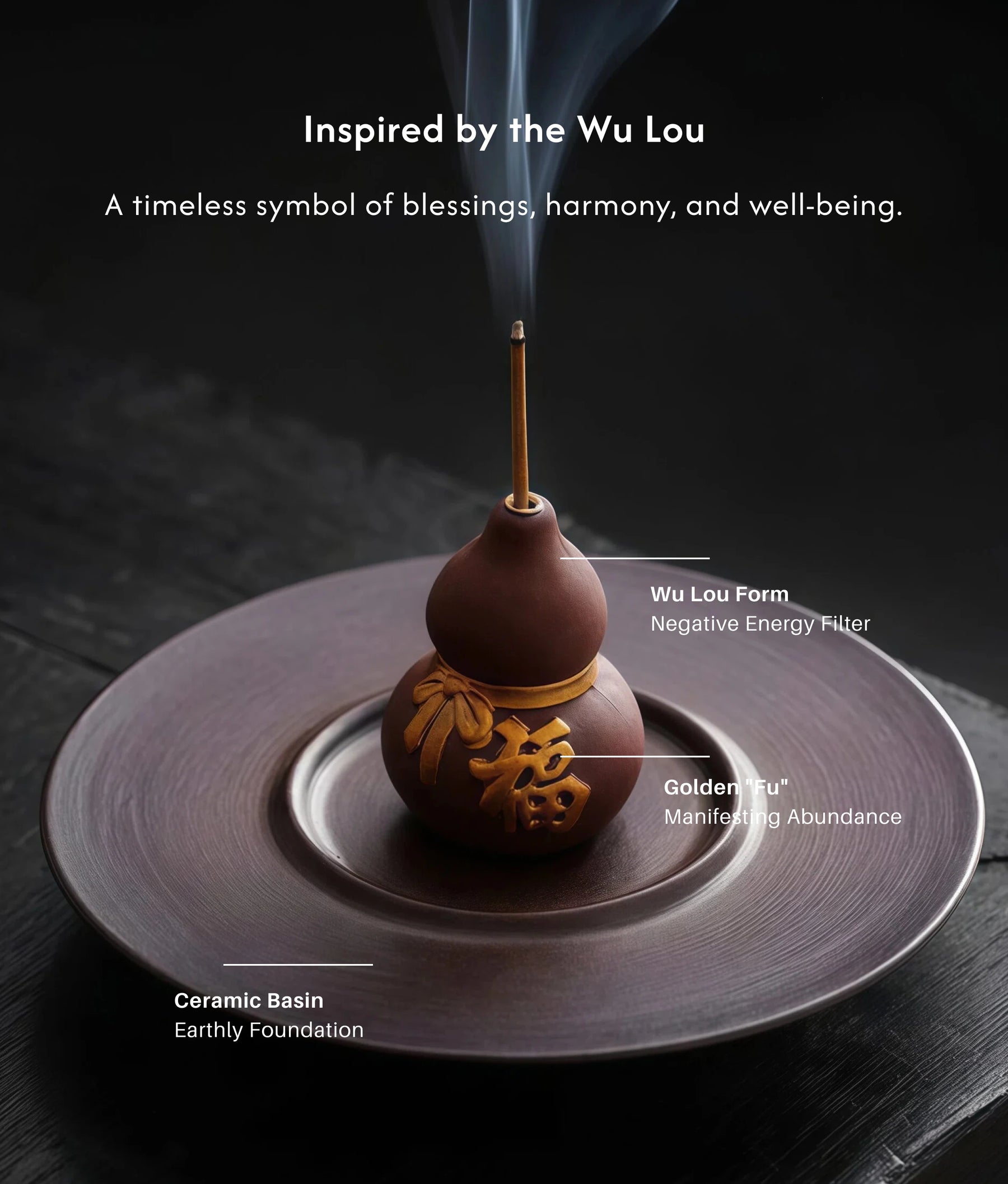 Prosperity & Blessings - Ceramic Wu Lou Gourd Incense Holder Set (Includes Incense Sticks) description 3