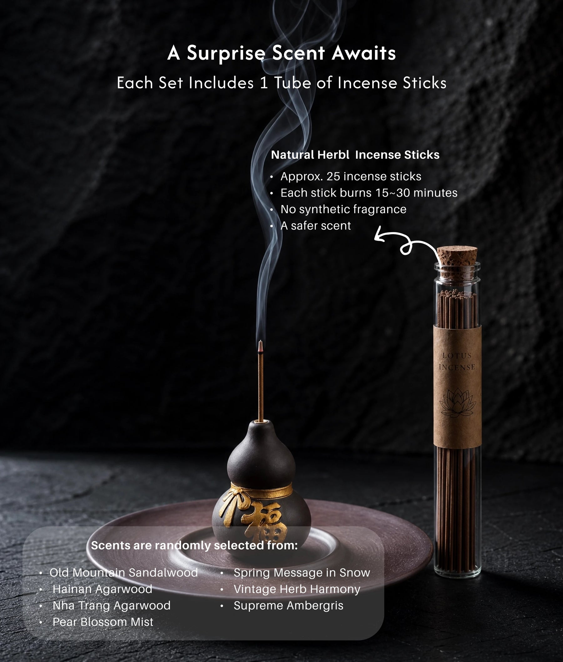 Prosperity & Blessings - Ceramic Wu Lou Gourd Incense Holder Set (Includes Incense Sticks) description 5
