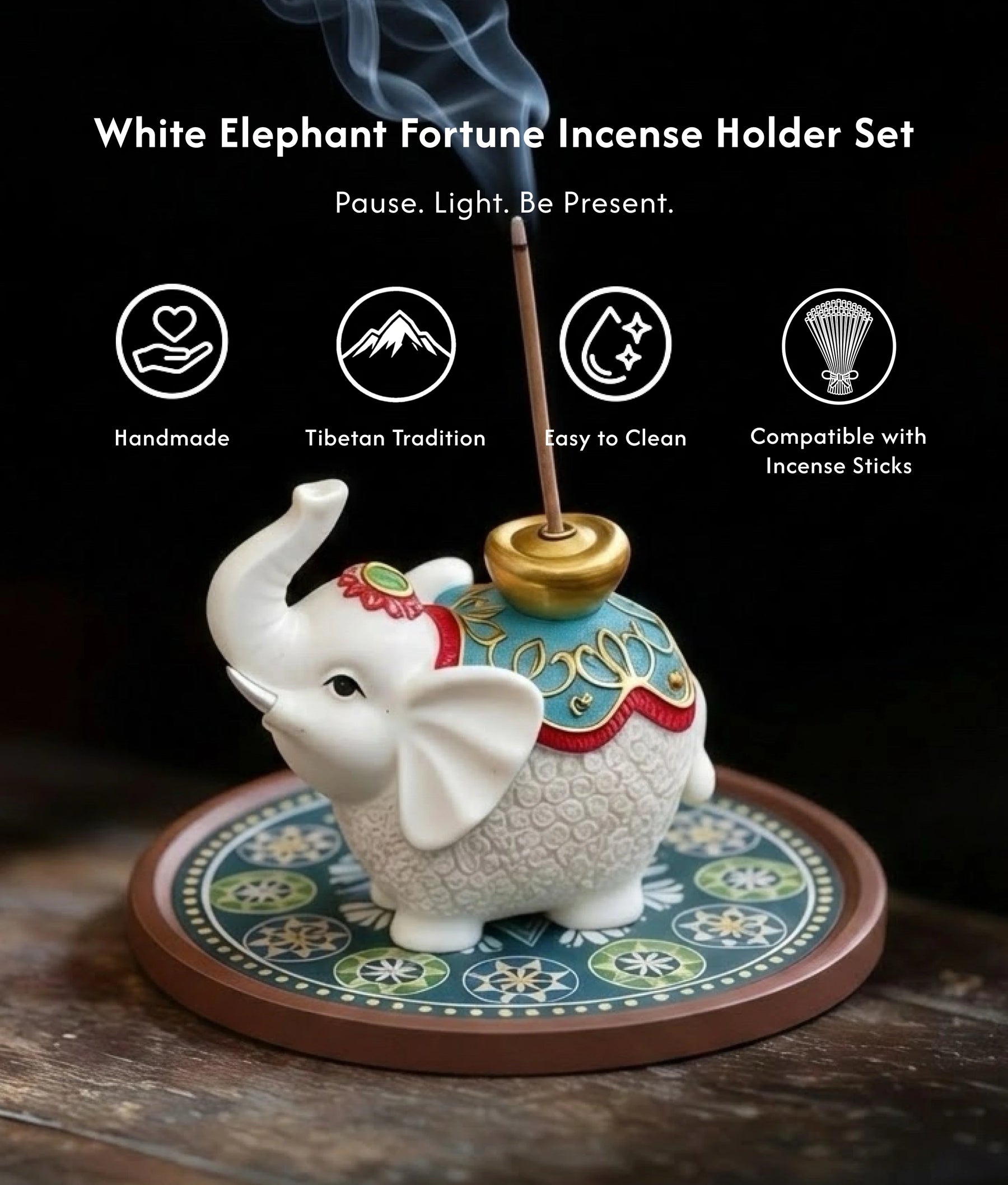 Wealth & Prosperity Burner Set (Includes Incense Sticks) - White Elephant Fortune Incense Holder & Tray Set description 1