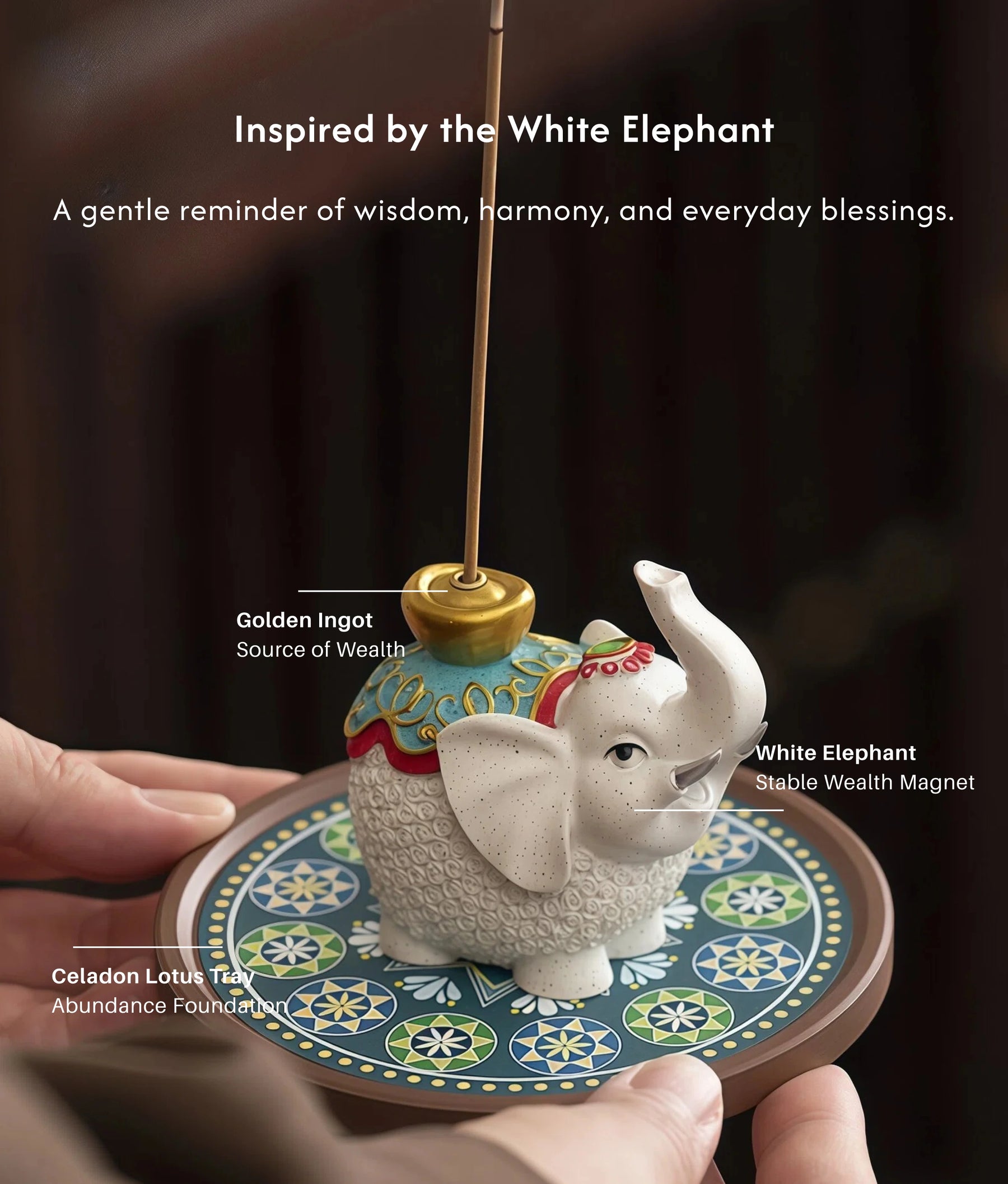 Wealth & Prosperity Burner Set (Includes Incense Sticks) - White Elephant Fortune Incense Holder & Tray Set description 3
