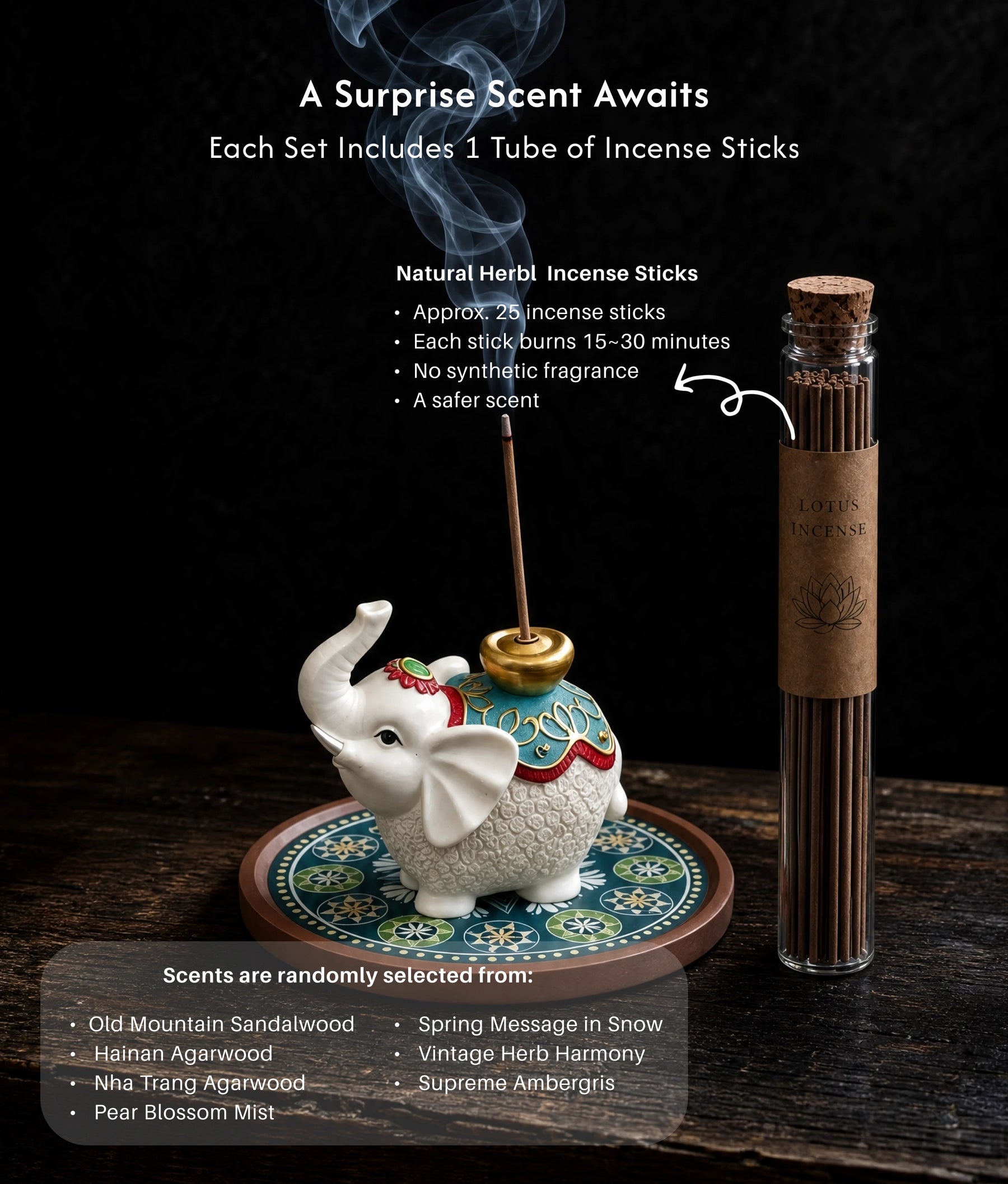 Wealth & Prosperity Burner Set (Includes Incense Sticks) - White Elephant Fortune Incense Holder & Tray Set description 5