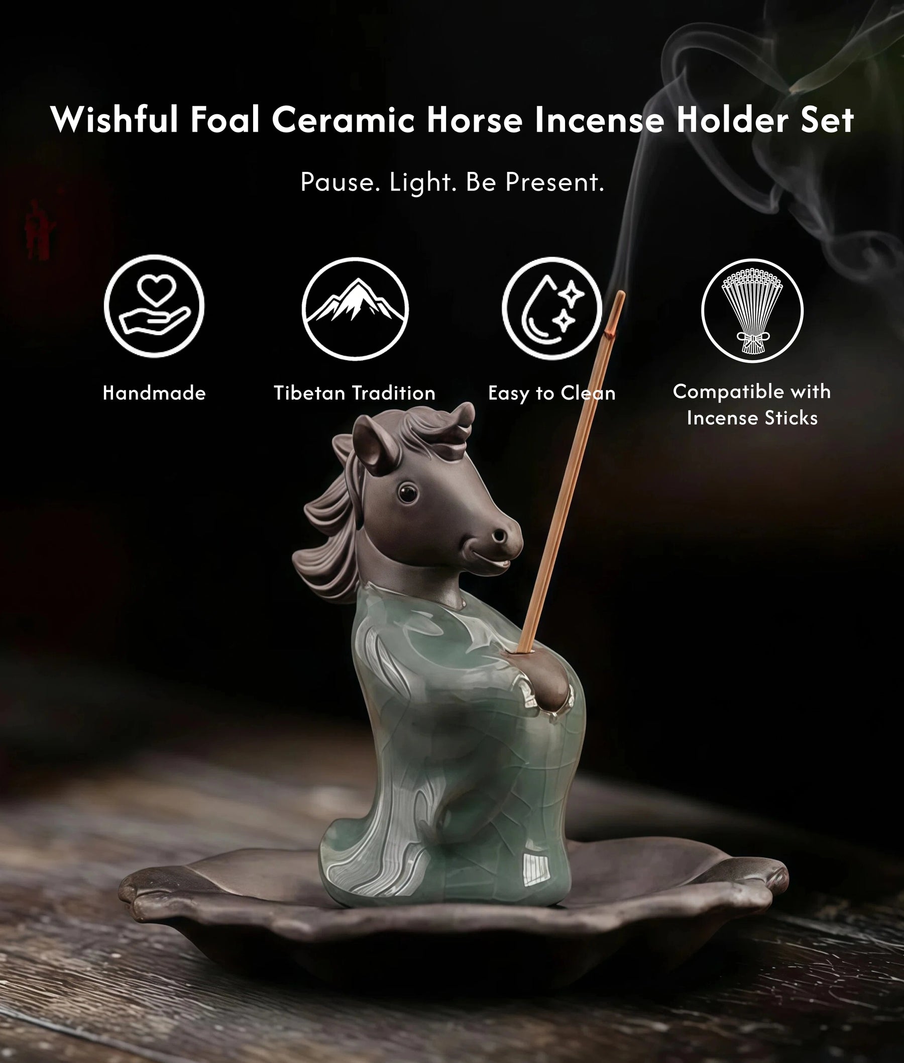 Manifestation & Momentum Burner Set (Includes Incense Sticks) - Wishful Foal Ceramic Horse description 1