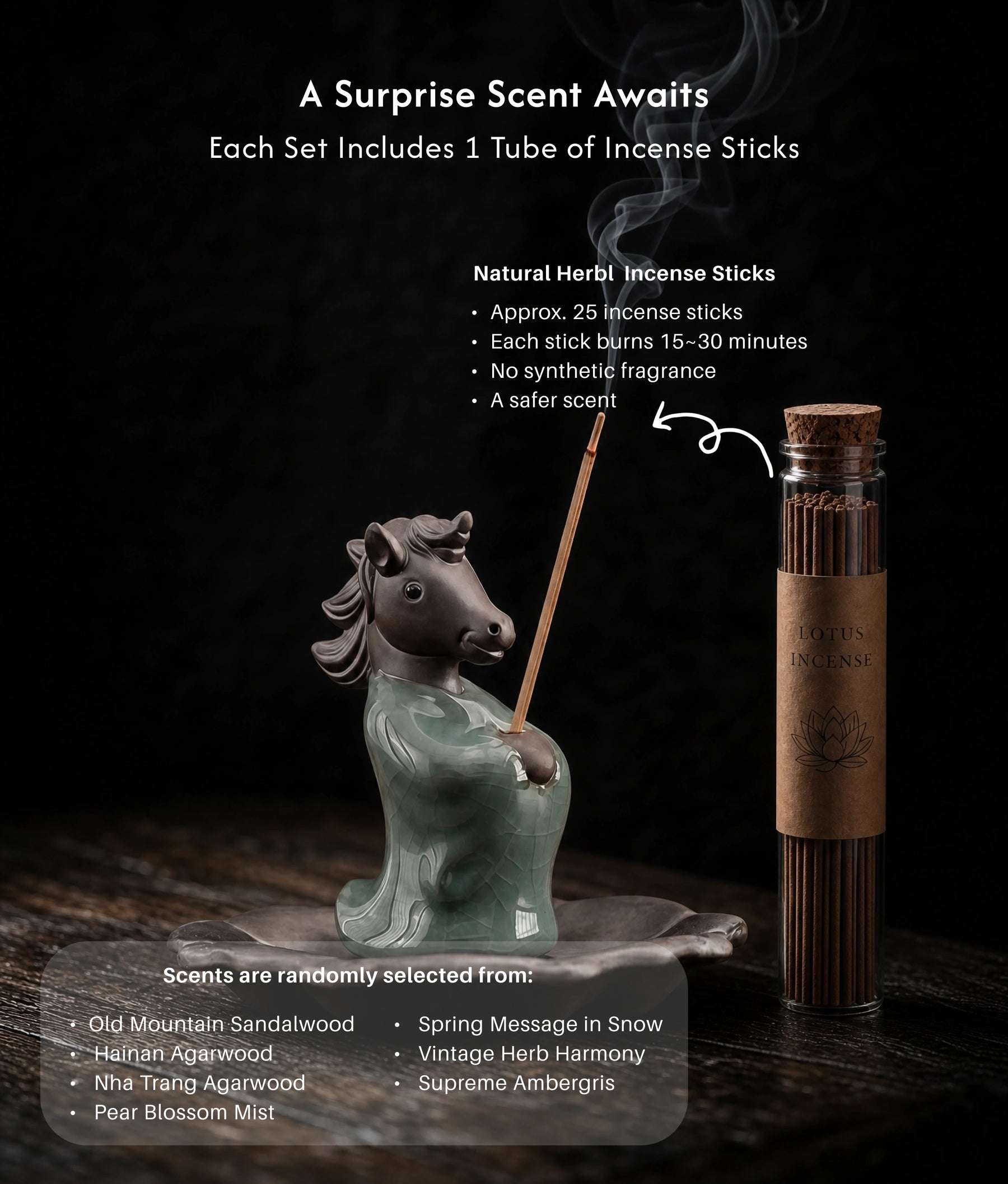 Manifestation & Momentum Burner Set (Includes Incense Sticks) - Wishful Foal Ceramic Horse description 5