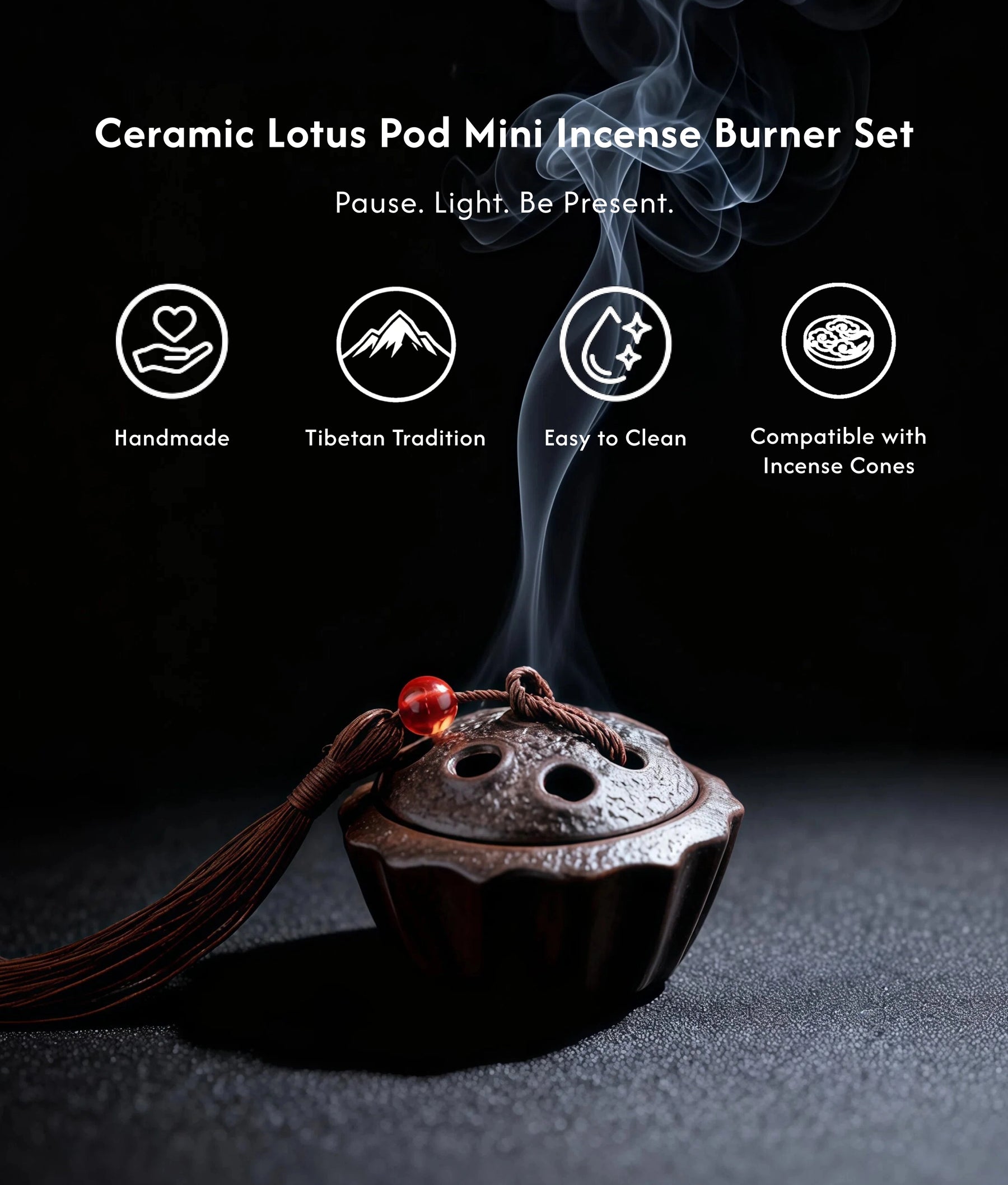 Calm & Wisdom Burner Set (Includes Incense Slices) - Ceramic Lotus Pod Mini description 1