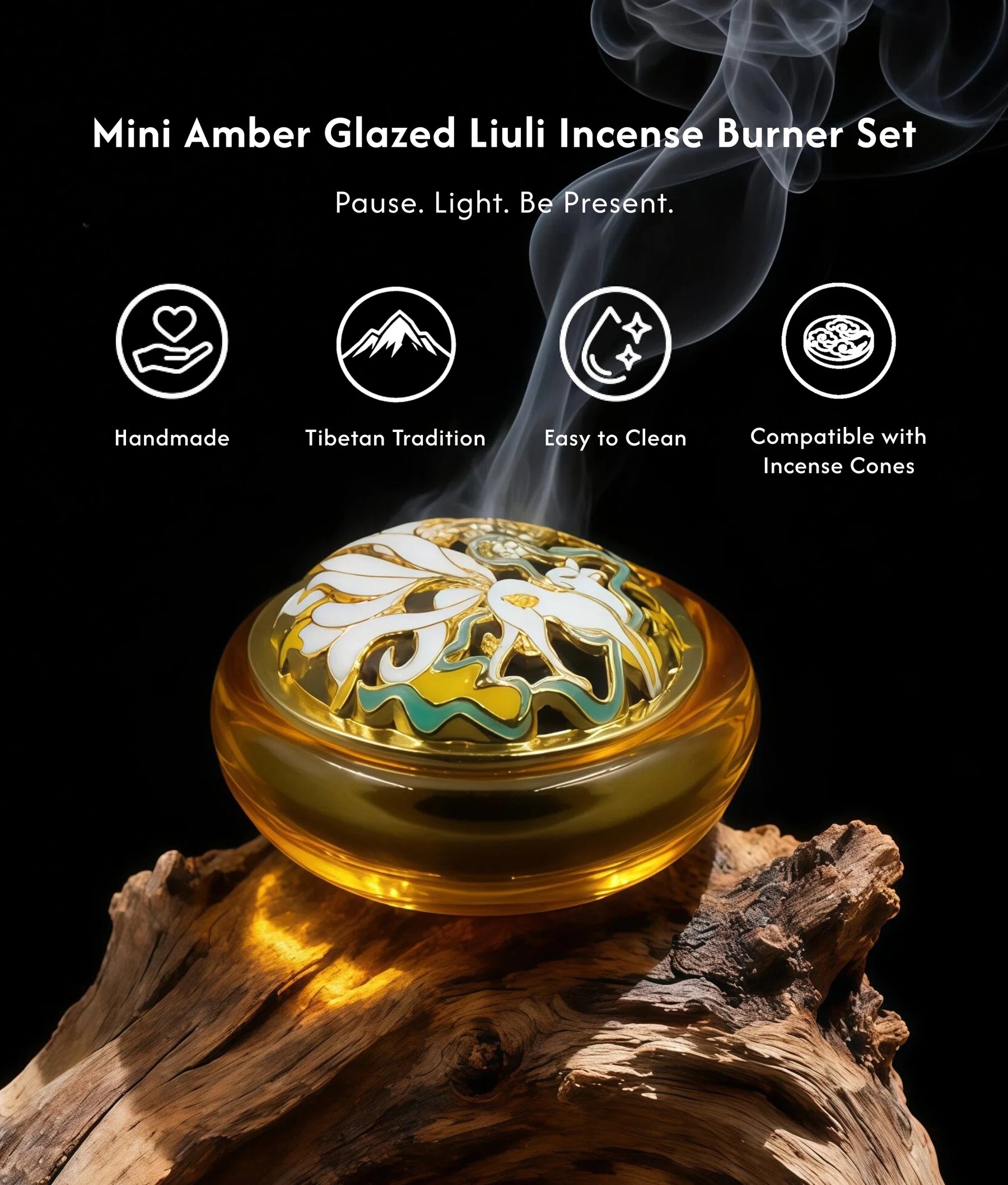 Serenity in the Palm - Mini Amber Glazed Liuli Burner Set (Includes Incense Slices) description 1