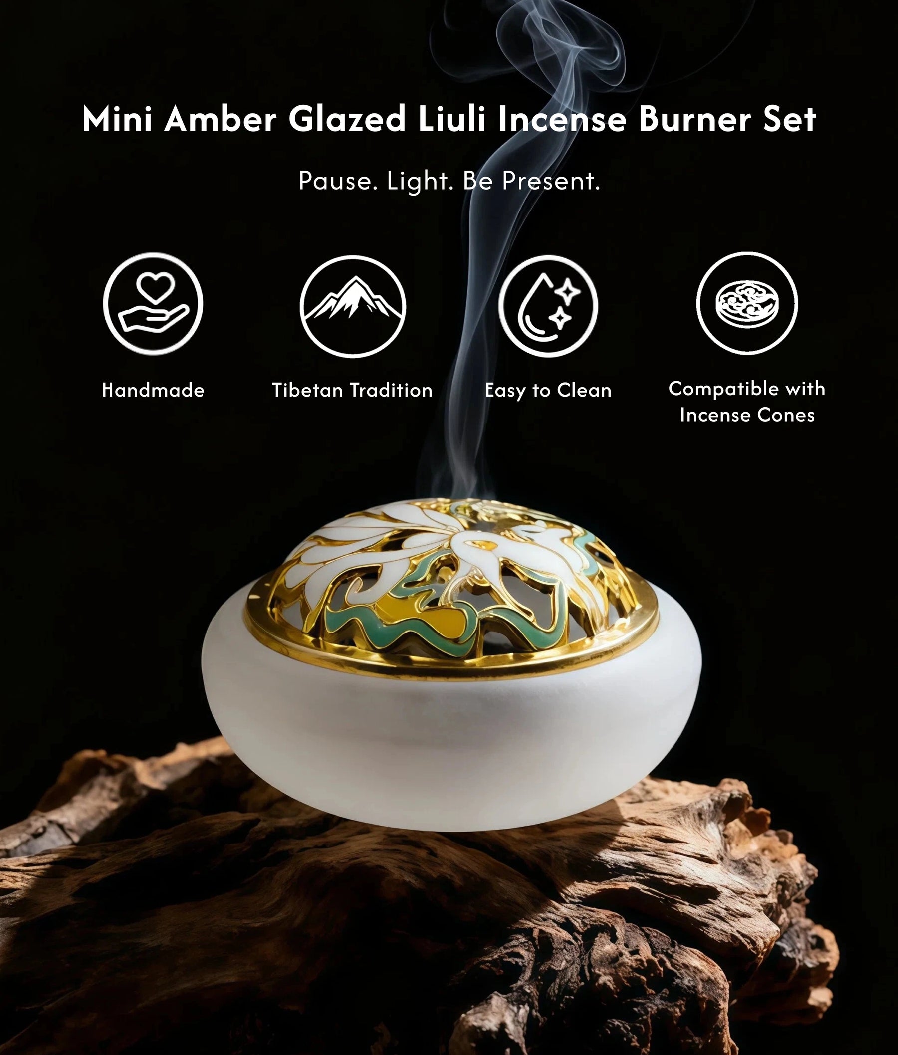 Serenity in the Palm - Mini White Glazed Liuli Burner Set (Includes Incense Slices) description 1