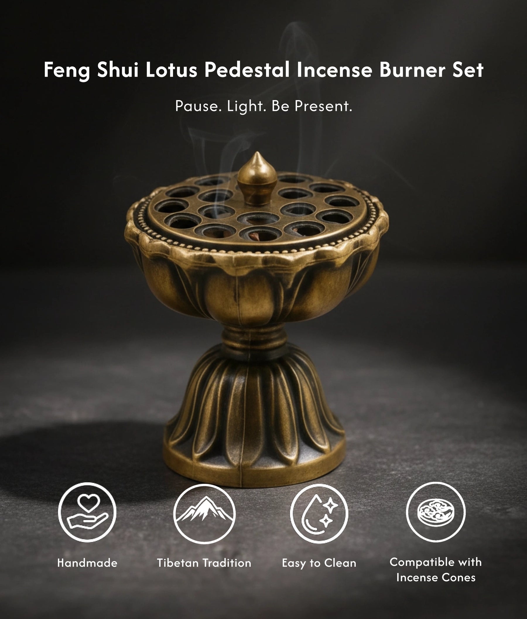 Fortune & Harmony Burner Set (Includes Incense Slices) - Feng Shui Lotus Pedestal description 1