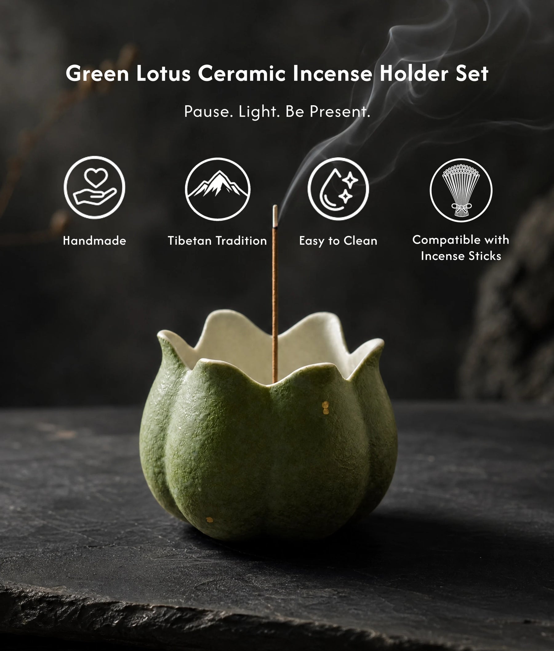 Calm & Clarity - Green Lotus Ceramic Incense Holder Set (Includes Incense Sticks) description 1