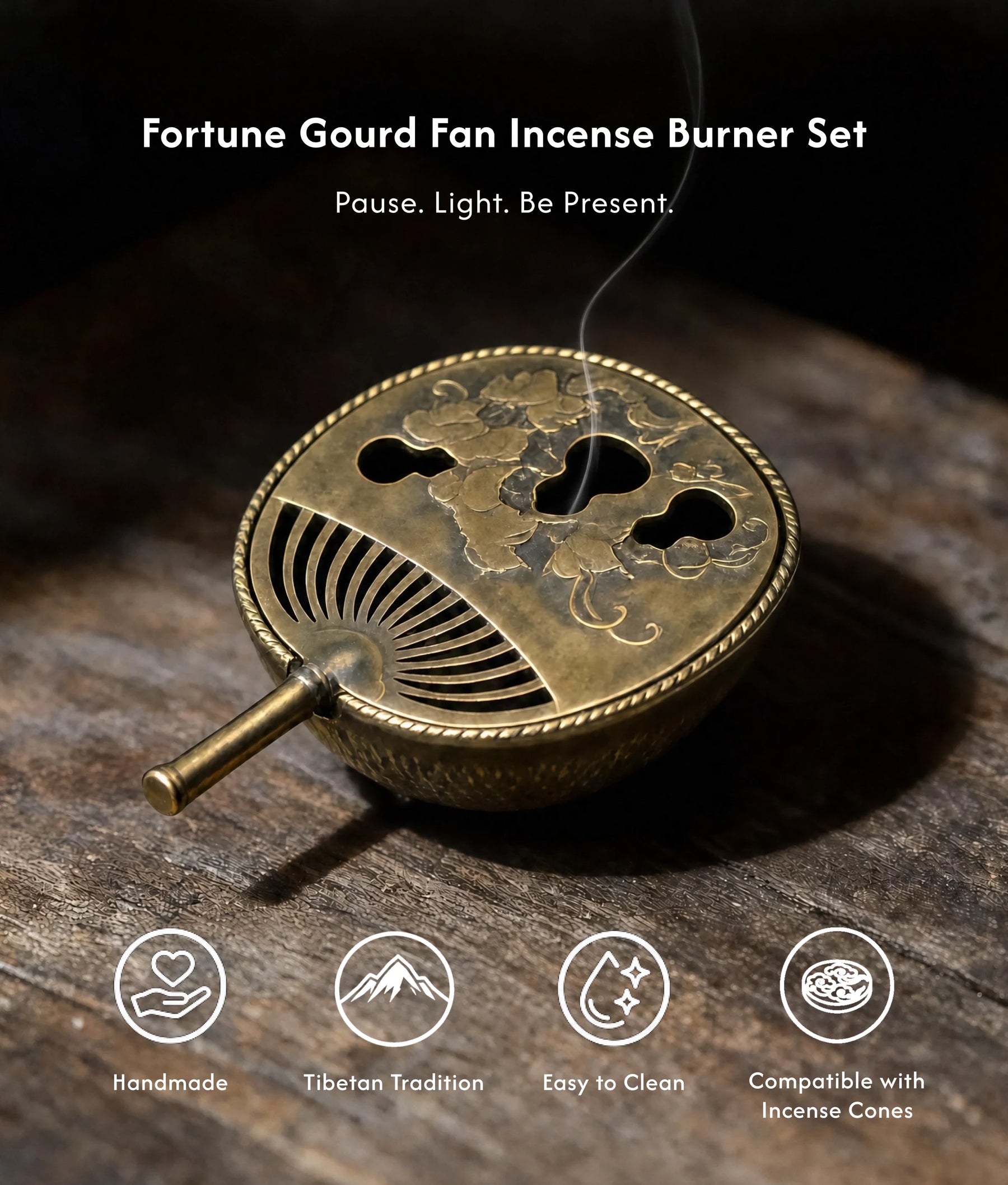 Power & Influence - Fortune Gourd Fan Incense Burner Set (Includes Incense Slices) description 1
