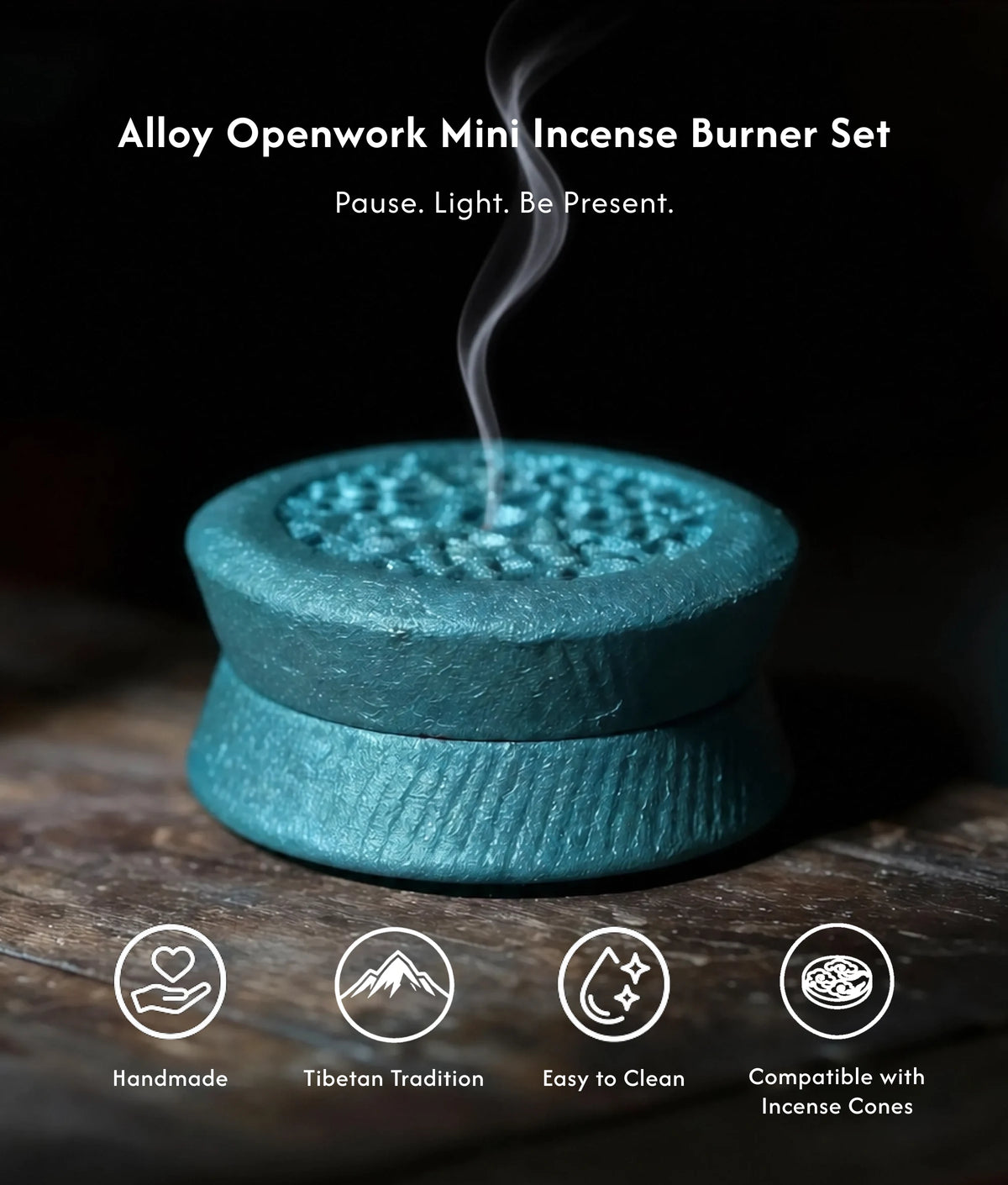 Stillness & Flow - Alloy Openwork Mini Burner Set (Includes Incense Slices) description 1
