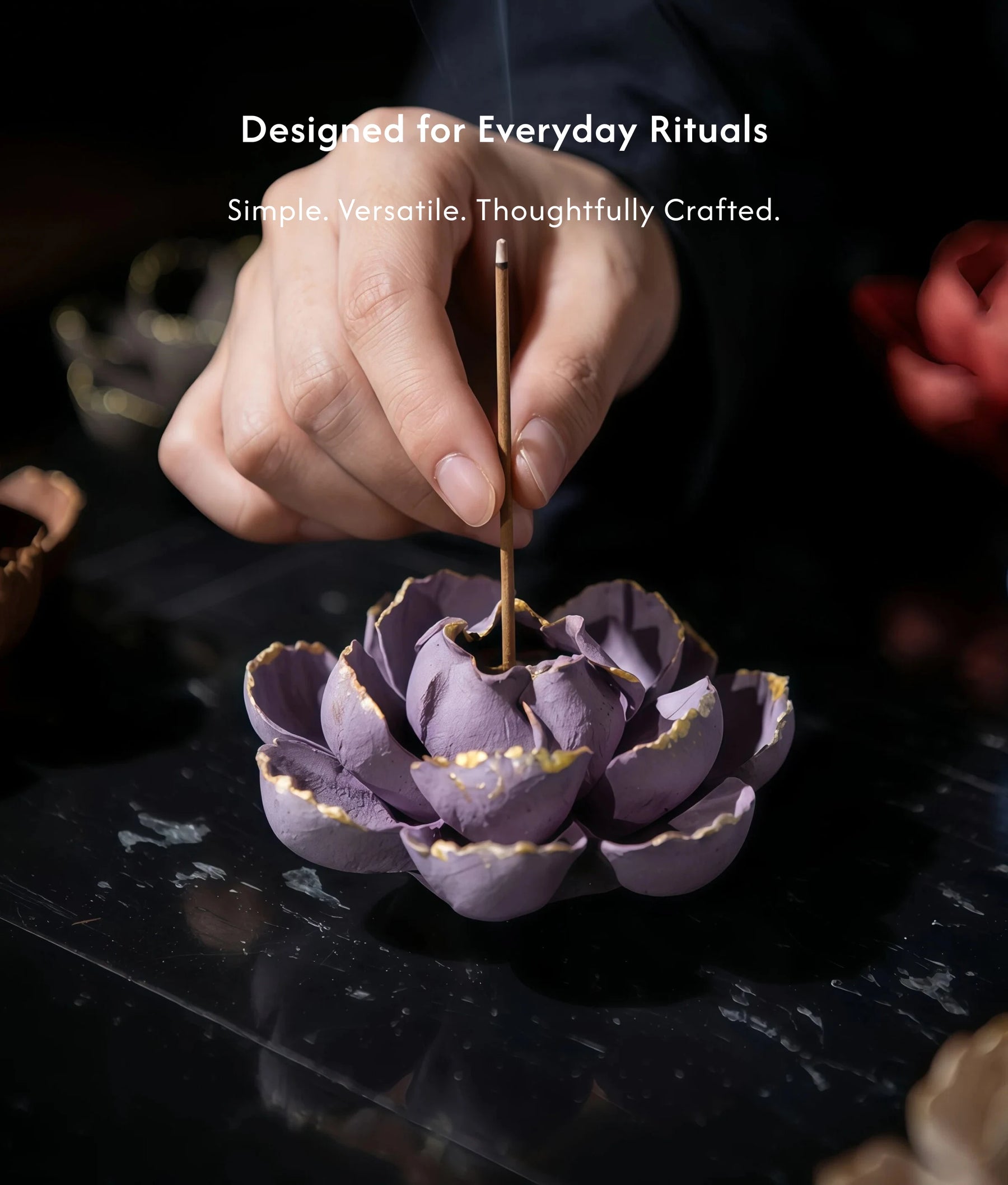 Awakening & Abundance - Gilded Blossom Rough Clay Burner Set (Includes Incense Sticks) description 3