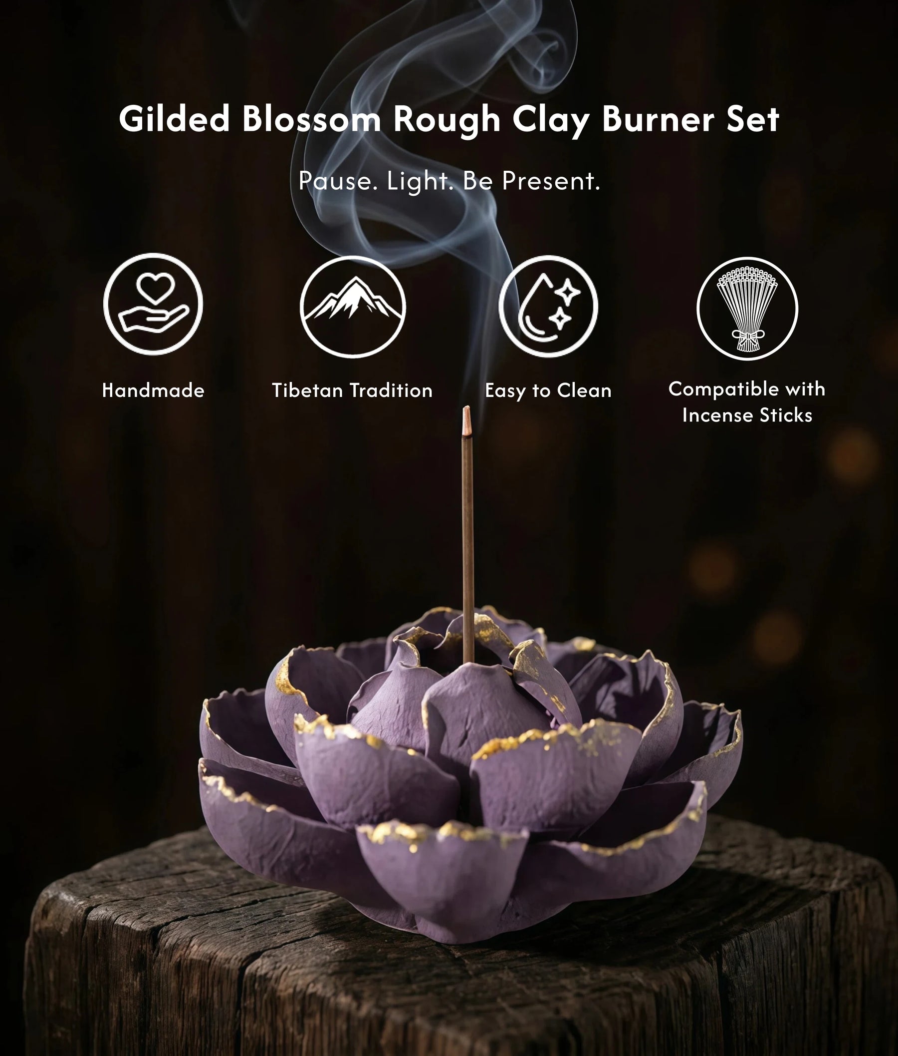 Awakening & Abundance - Gilded Blossom Rough Clay Burner Set (Includes Incense Sticks) description 1