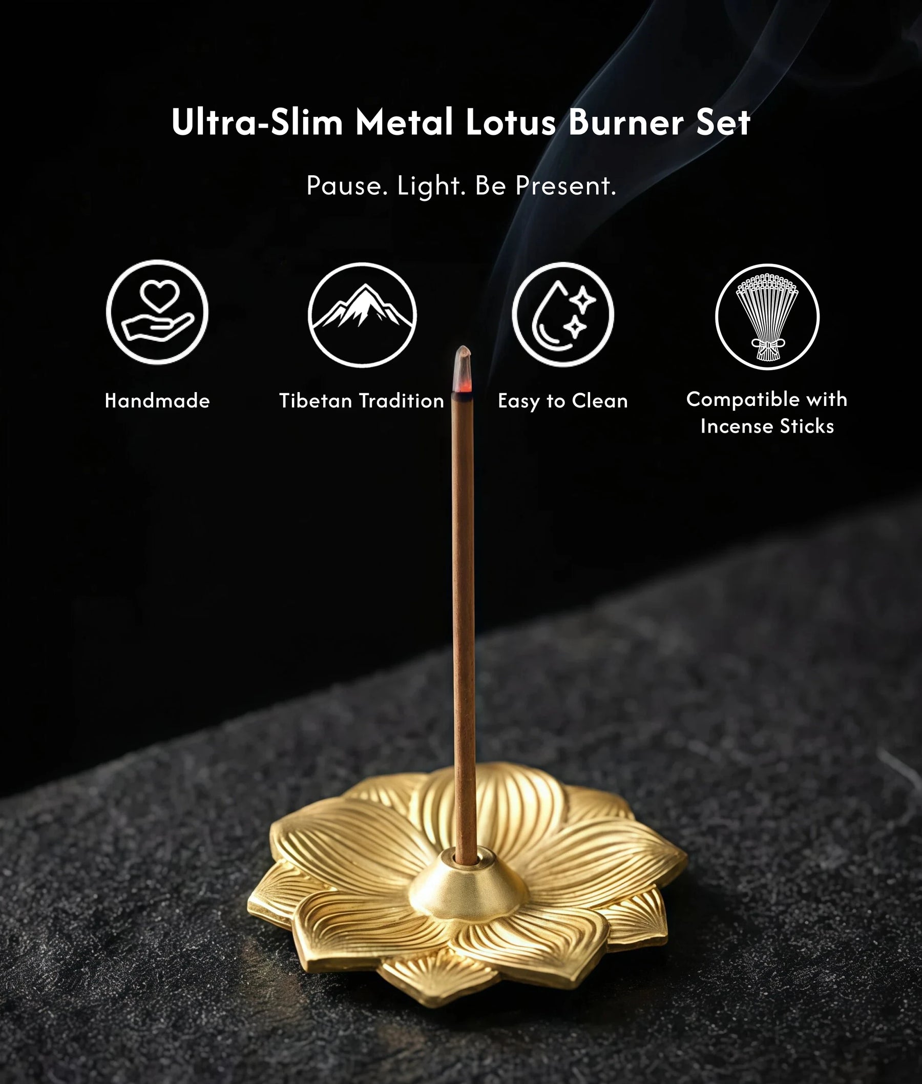 Purity & Awakening - Ultra-Slim Metal Lotus Burner Set (Includes Incense Sticks) description 1