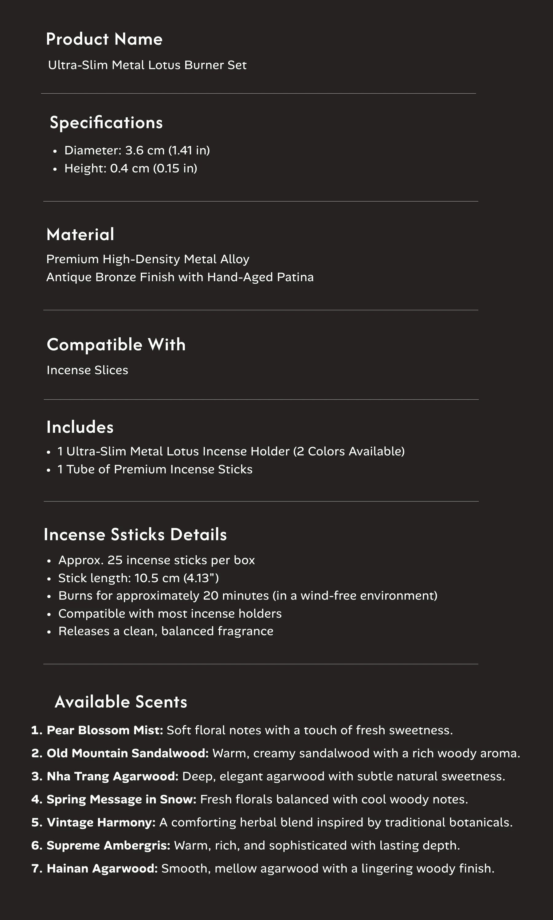 Purity & Awakening - Ultra-Slim Metal Lotus Burner Set (Includes Incense Sticks) item details