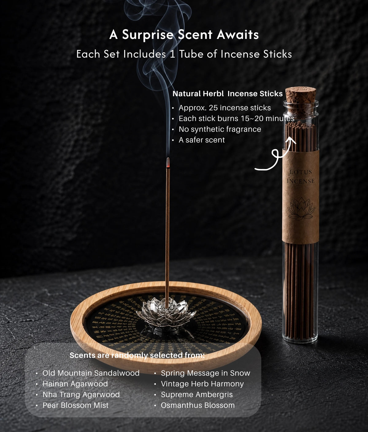 Stillness & Wisdom - Lotus Heart Sutra Incense Holder Set (Includes Incense Sticks) description 6