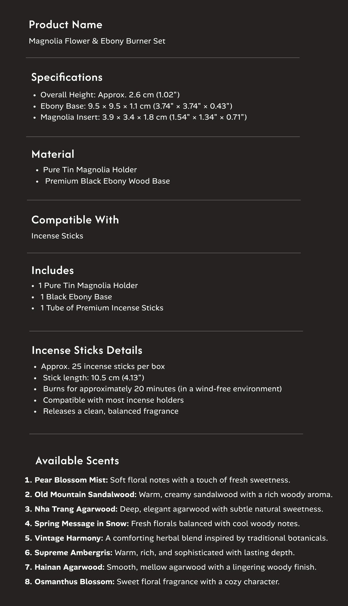 Stillness & Bloom - Magnolia Flower & Ebony Incense Burner Set (Includes Incense Sticks) item details