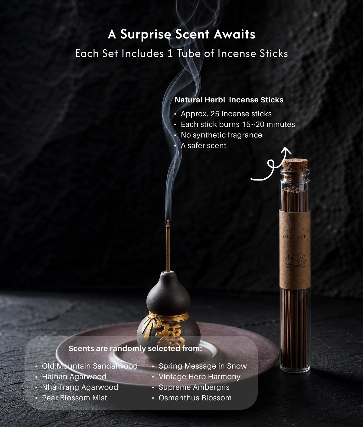 Prosperity & Blessings - Ceramic Wu Lou Gourd Incense Holder Set (Includes Incense Sticks) description 5