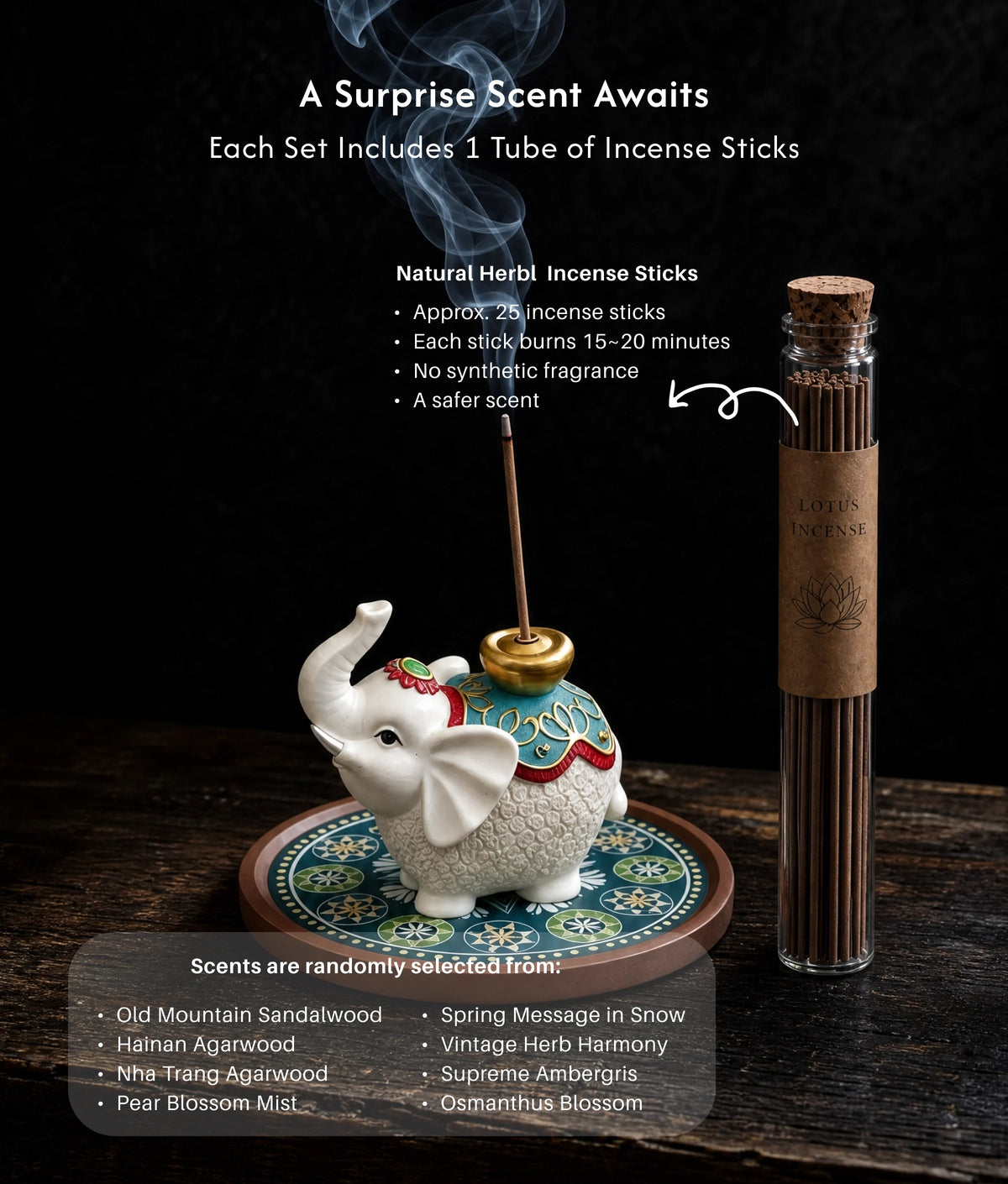Wealth & Prosperity - White Elephant Fortune Incense Holder & Tray Burner Set (Includes Incense Sticks) description 5
