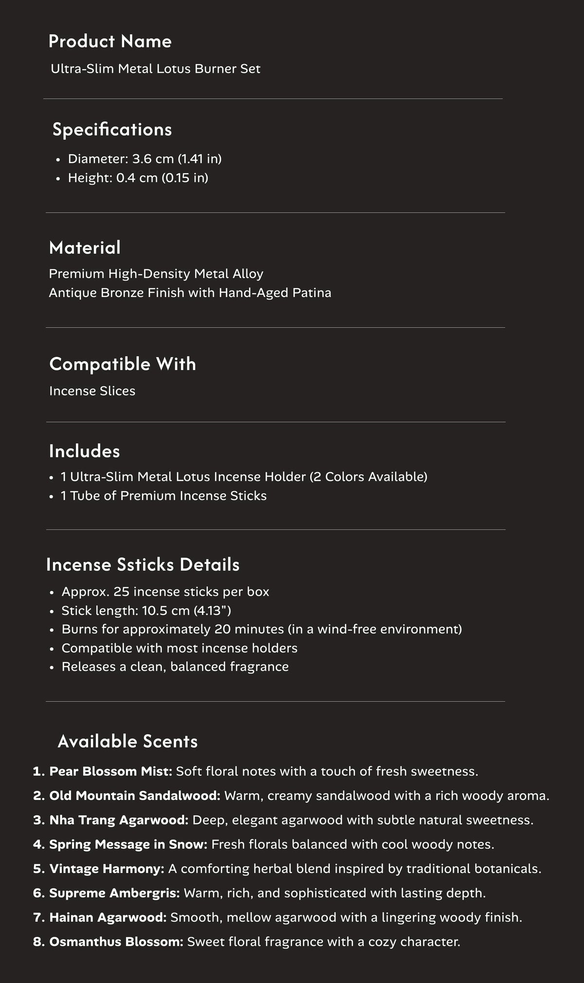 Purity & Awakening - Ultra-Slim Metal Lotus Burner Set (Includes Incense Sticks) item details