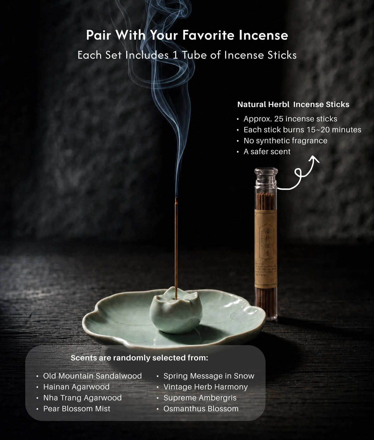 Manifestation & Purity - Celadon Crackle Glaze Persimmon & Lotus Incense Holder Set (Includes Incense Sticks) description 4