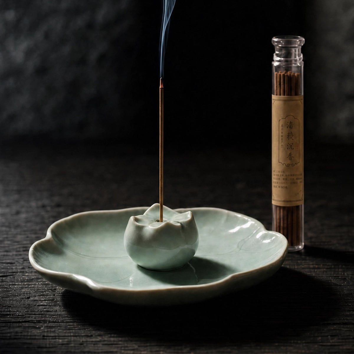 Manifestation & Purity - Celadon Crackle Glaze Persimmon & Lotus Incense Holder Set (Includes Incense Sticks)