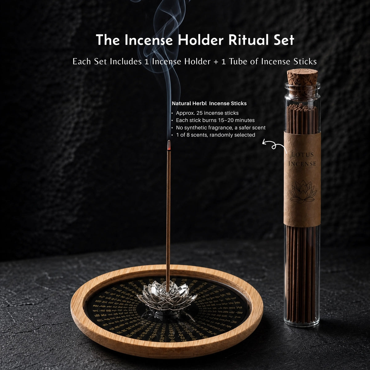 Stillness & Wisdom - Lotus Heart Sutra Incense Holder Set (Includes Incense Sticks)