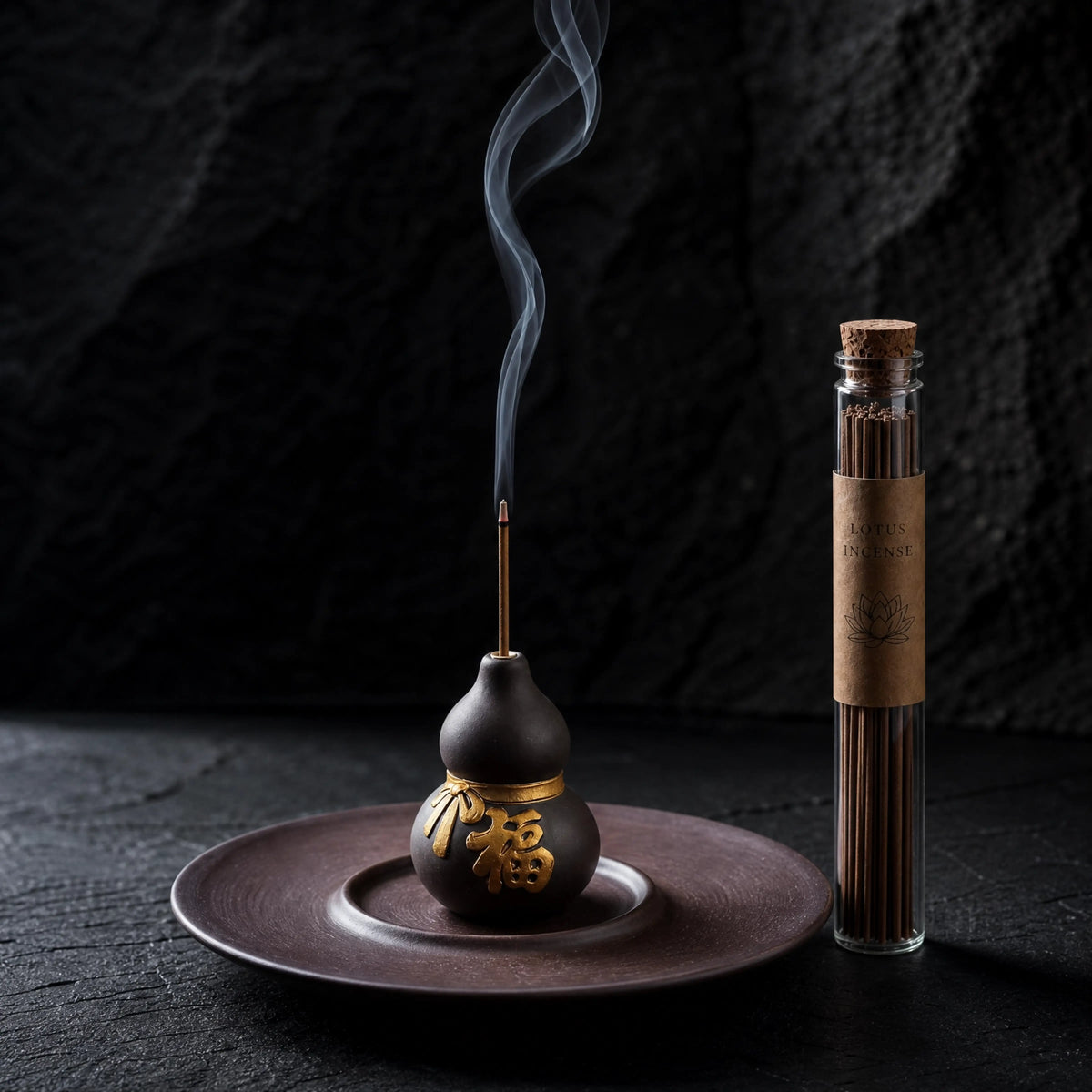 Prosperity & Blessings - Ceramic Wu Lou Gourd Incense Holder Set (Includes Incense Sticks)