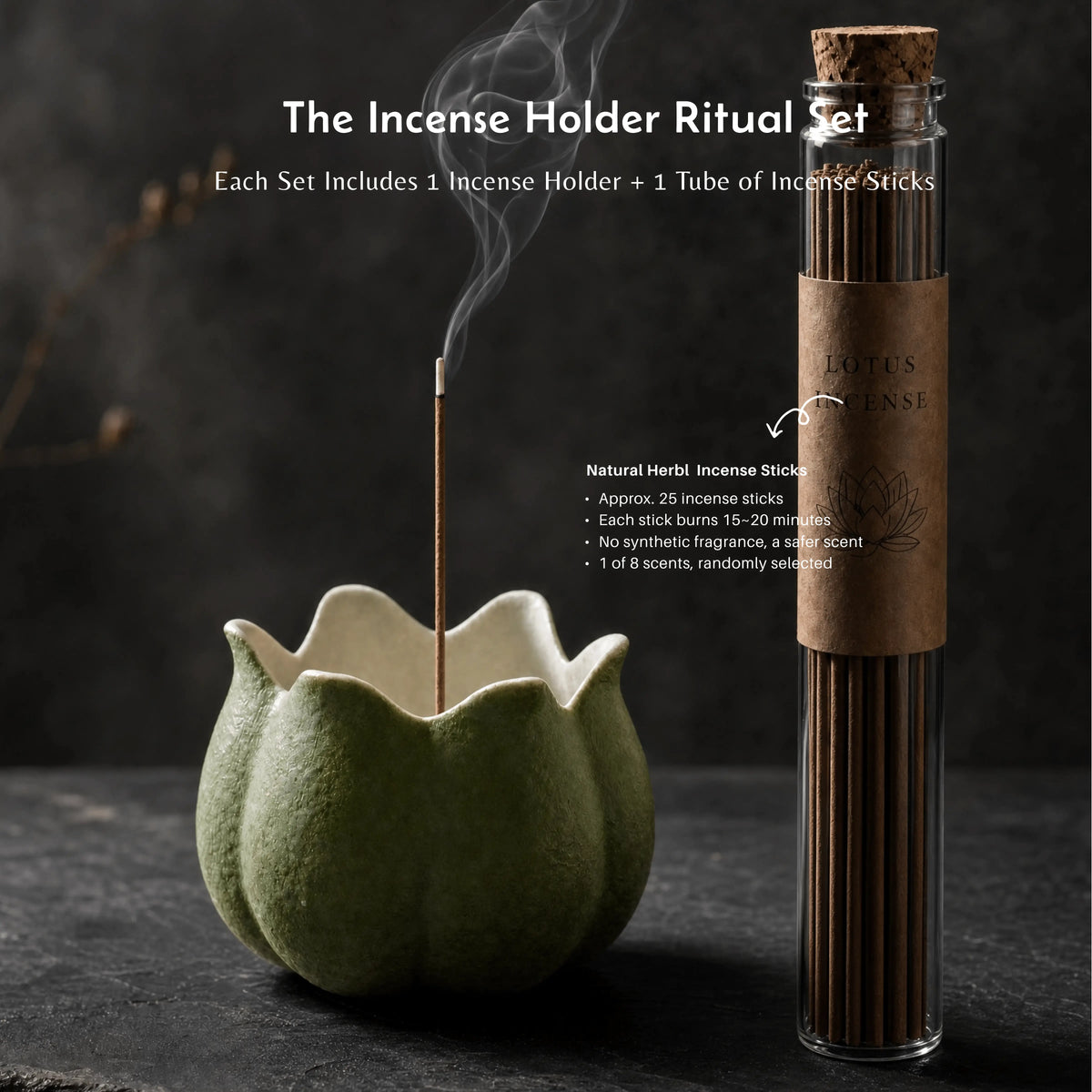 Calm & Clarity - Green Lotus Ceramic Incense Holder Set (Includes Incense Sticks)