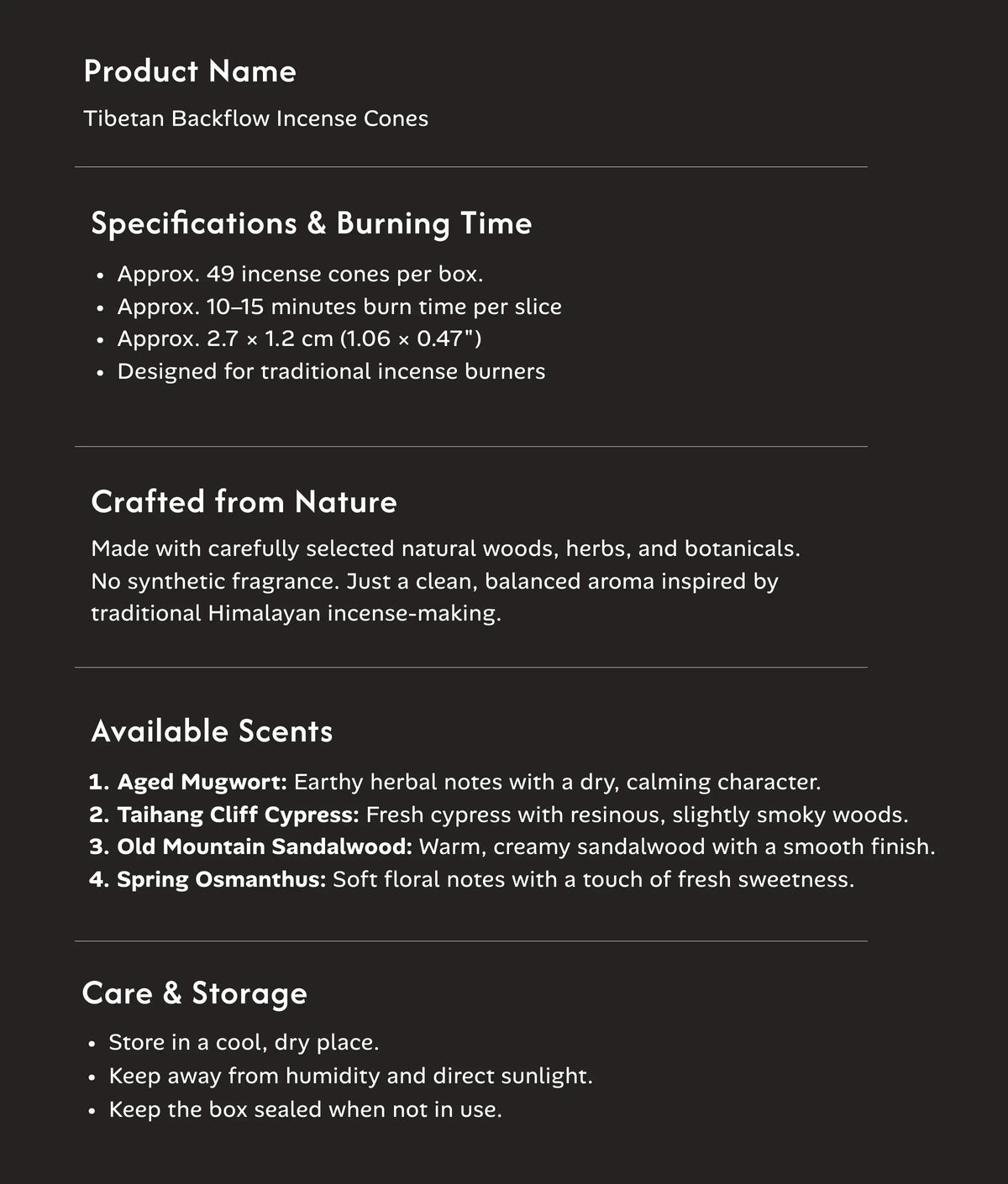 Calm & Balance – Tibetan Natural Backflow Incense Cones item details