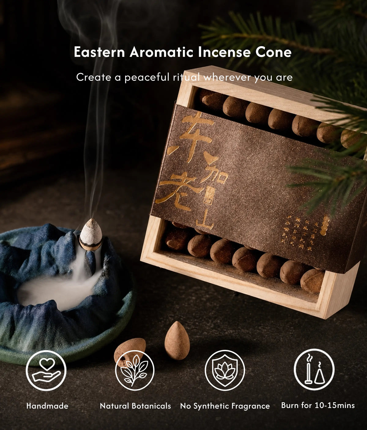 Calm & Balance – Tibetan Natural Backflow Incense Cones description 1
