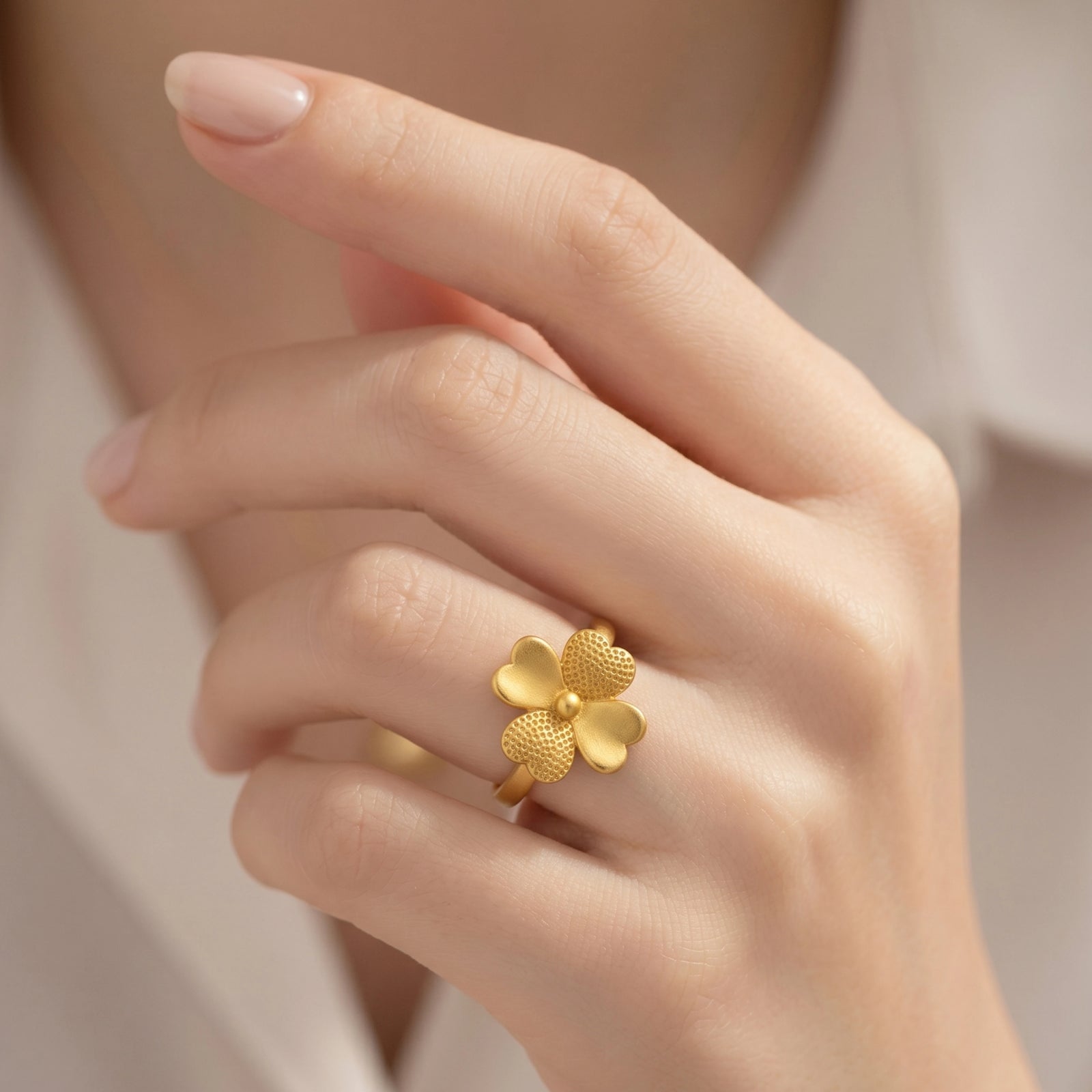 Luck & Abundance - Four Leaf Clover 999 Gold Adjustable Open Ring